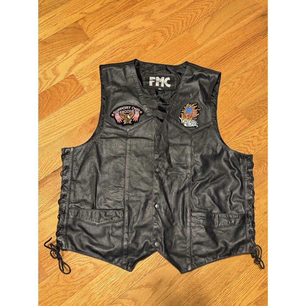 FMC‎ Leather Biker Vest Size 46 Support Our Troops POW MIA Patches